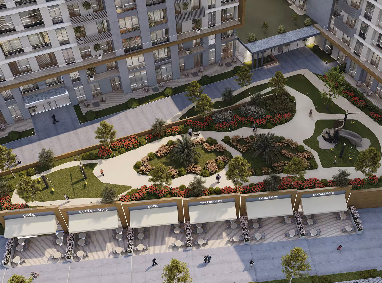 Modern residential project on Basin Express in Bağcılar, Istanbul: 2 blocks, 12 floors, 216 apartments, green spaces, fitness and pool.