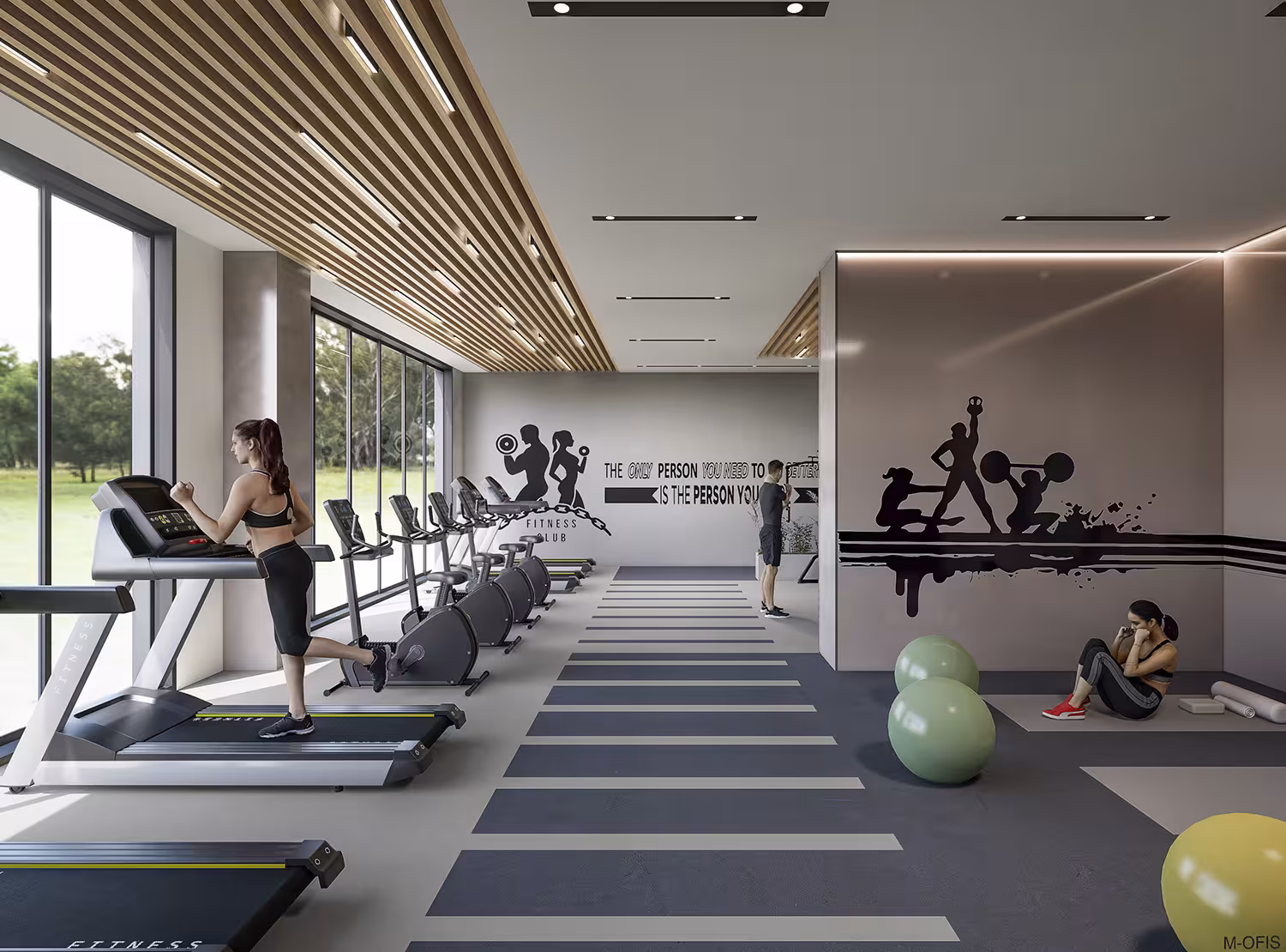 On‑site social amenities: indoor pool, fully equipped gym, cafeteria, children’s playground, walking paths, landscape areas and covered parking.