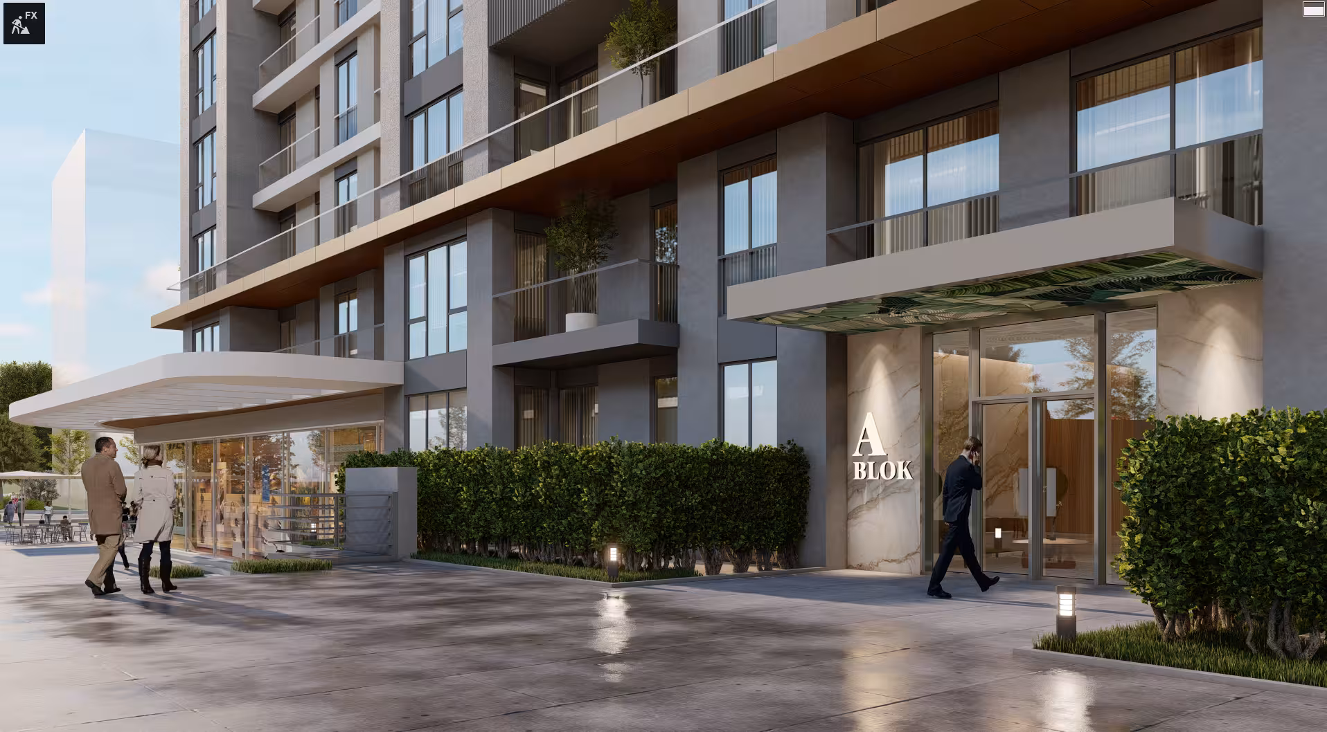 Valory Güneşli A block lobby entrance - modern architectural details, landscape arrangement and premium design in residential project