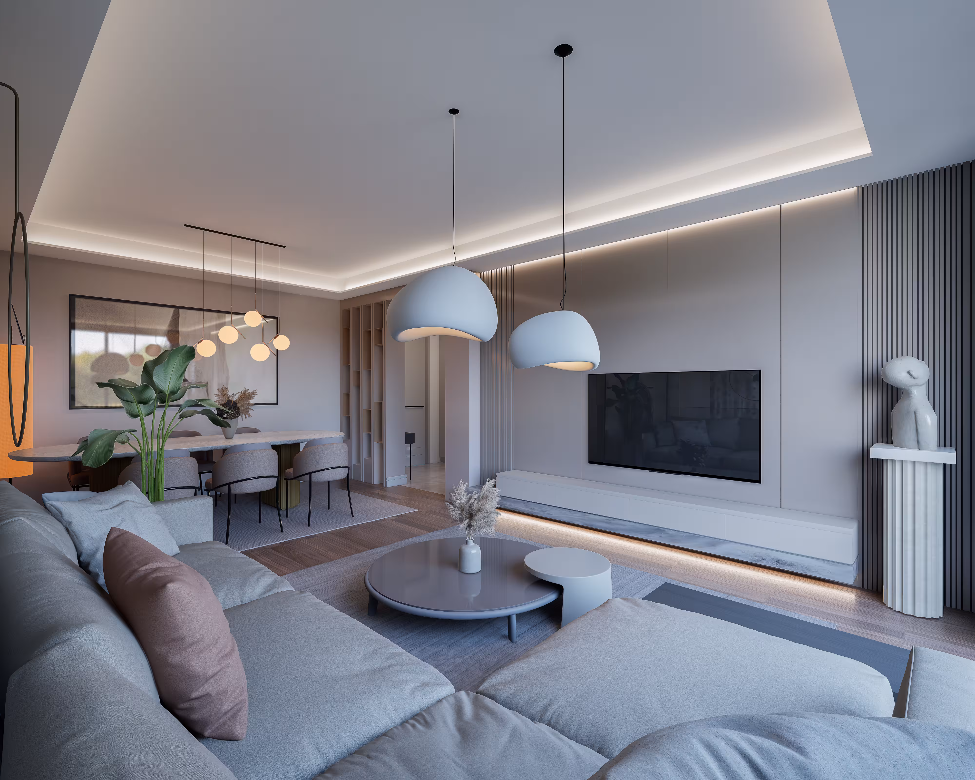 Valory Güneşli 2+1 apartment bedroom — modern design, open wardrobe section and wide balcony view in luxury residence.