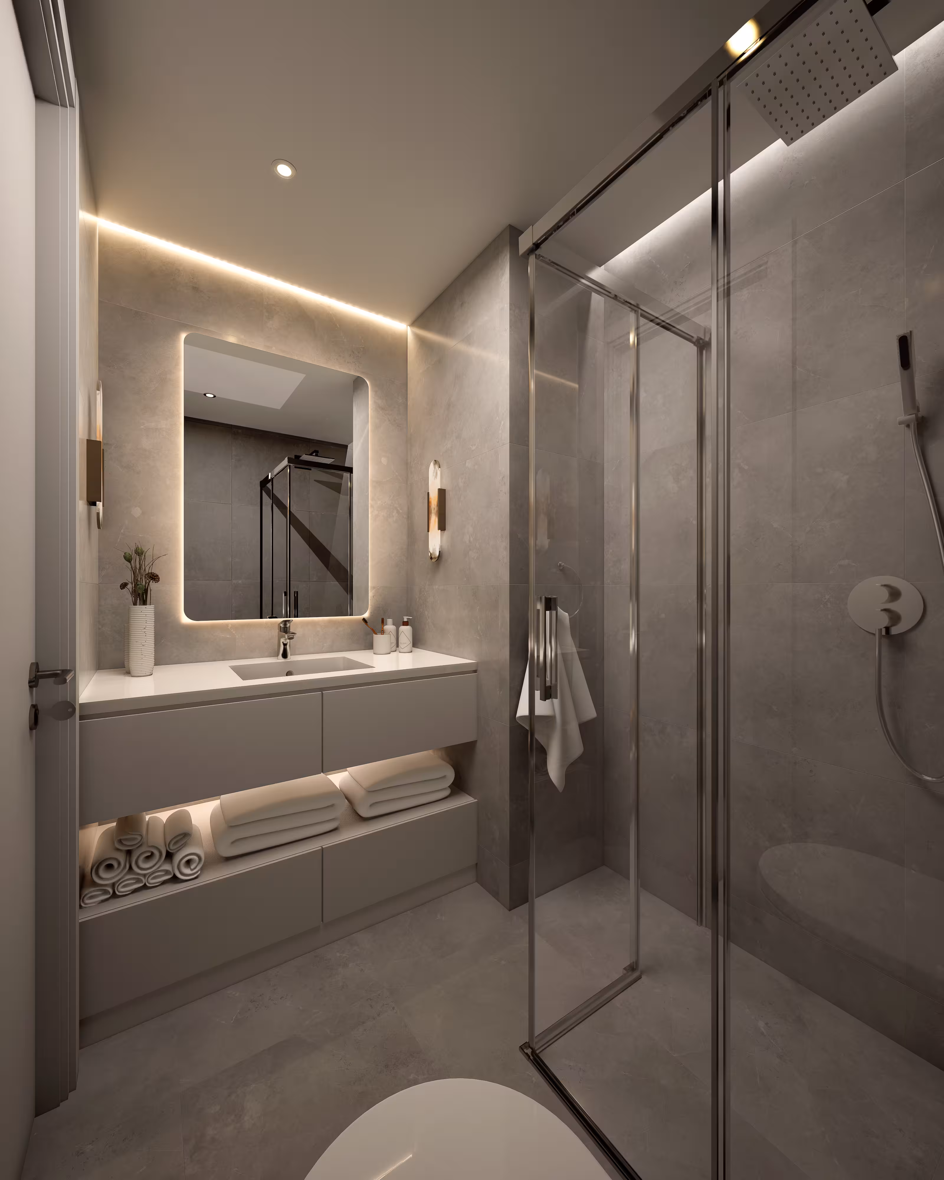 Valory Güneşli 2+1 apartment study room — functional desk, open shelving system and city view in modern premium space.