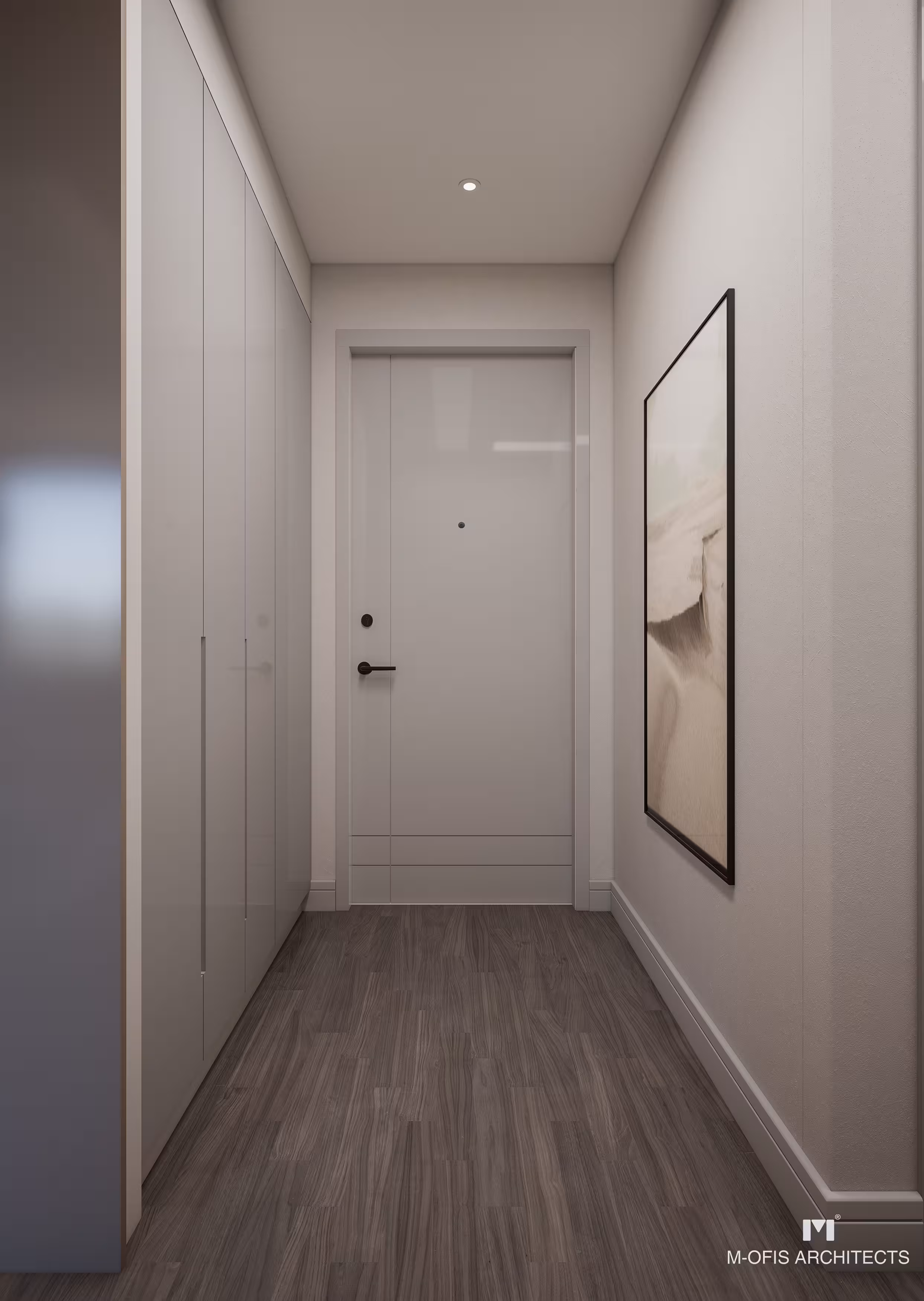 Valory Güneşli 2+1 apartment entrance corridor — modern cloakroom, artistic painting and premium flooring design.