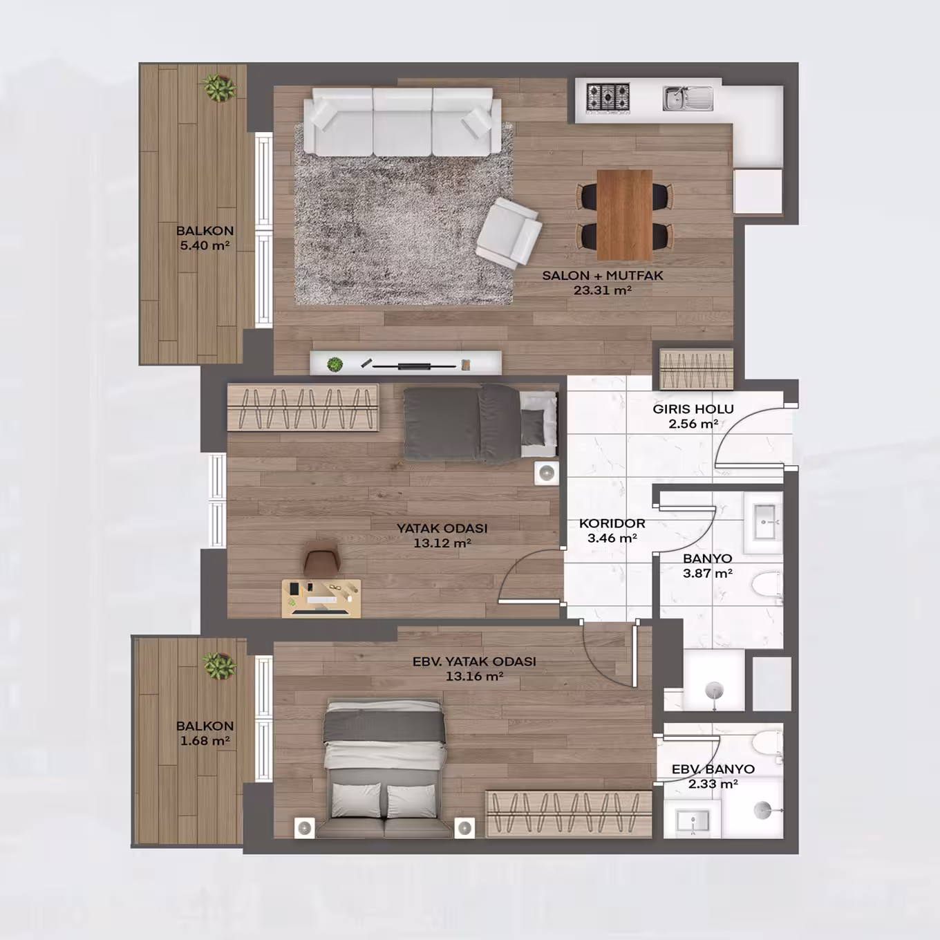 Valory Güneşli 2+1 apartment floor plan Block C - modern architecture and comfortable living spaces