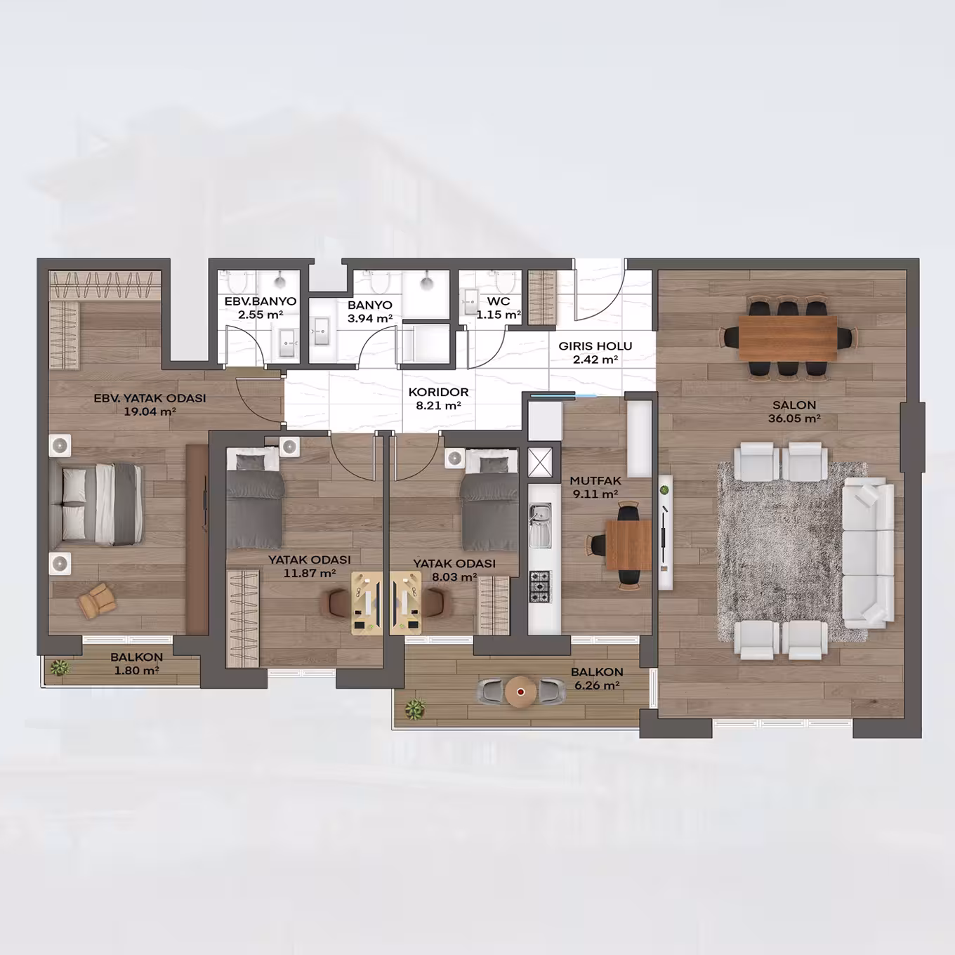 Valory Güneşli 3+1 apartment floor plan Block C - modern architecture and comfortable living spaces