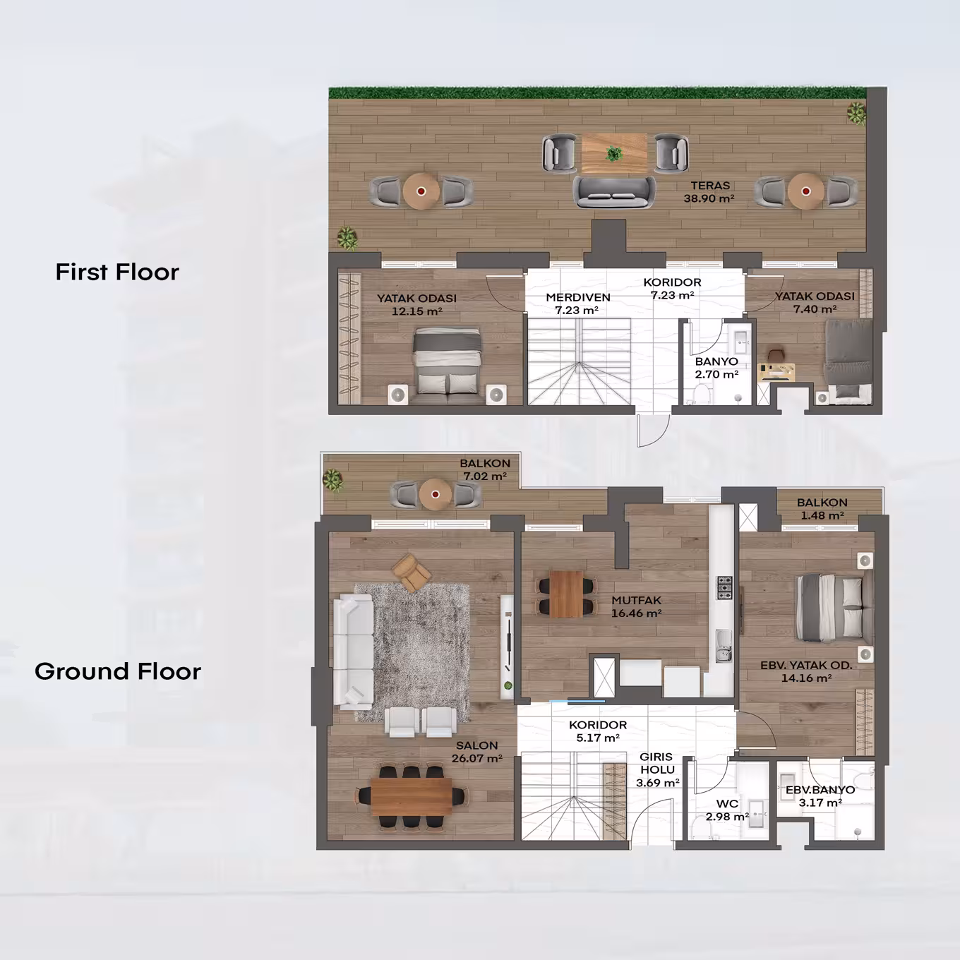 Valory Güneşli 3+1 duplex apartment floor plan - modern architecture and comfortable living spaces