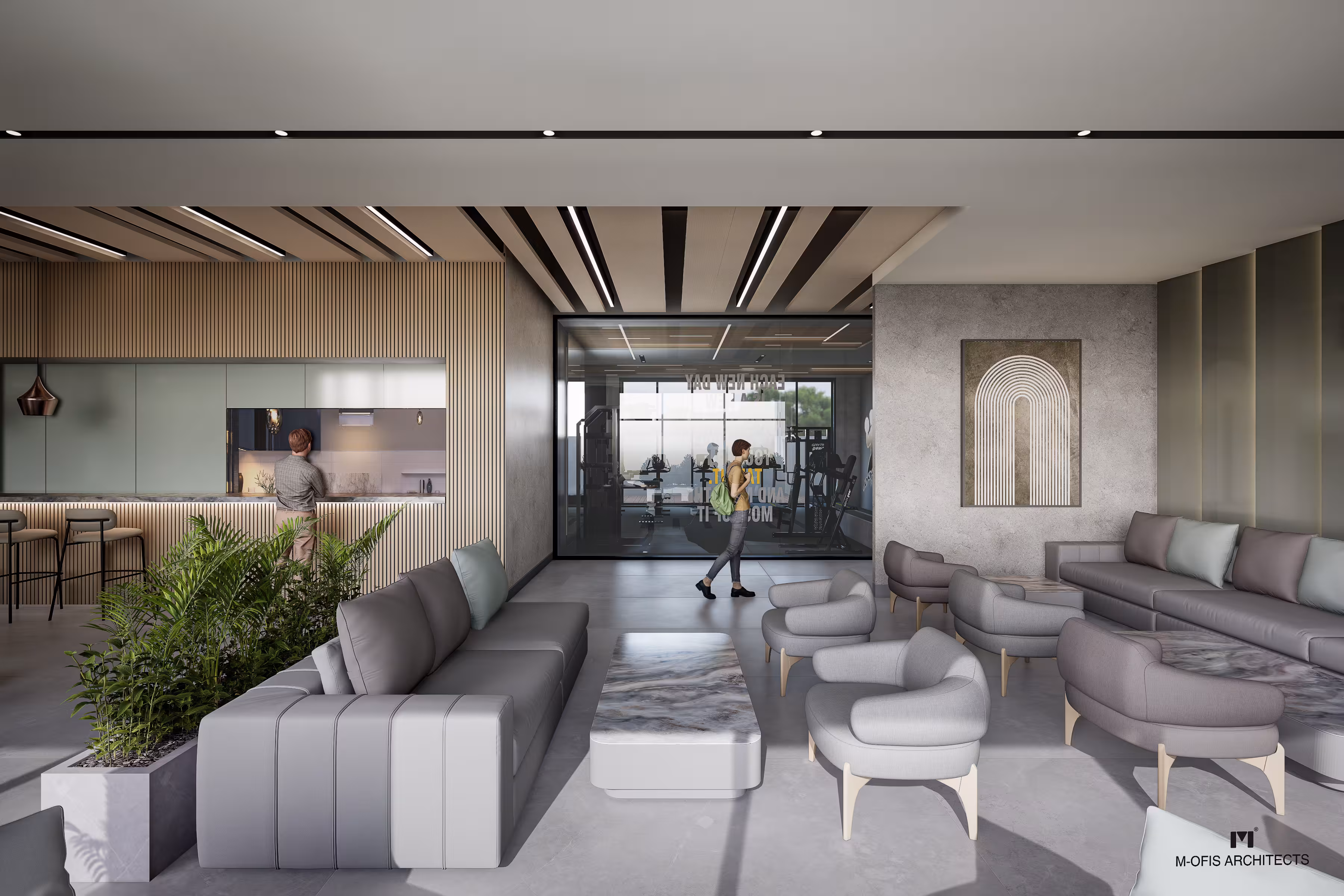 Valory Güneşli common lounge area - fitness center view, comfortable seating arrangement and modern design in social living center